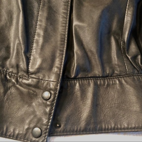 VINTAGE 80s Leather Jacket Black Bomber Oversized Batwing Sleeve Comint Large - Picture 15 of 16